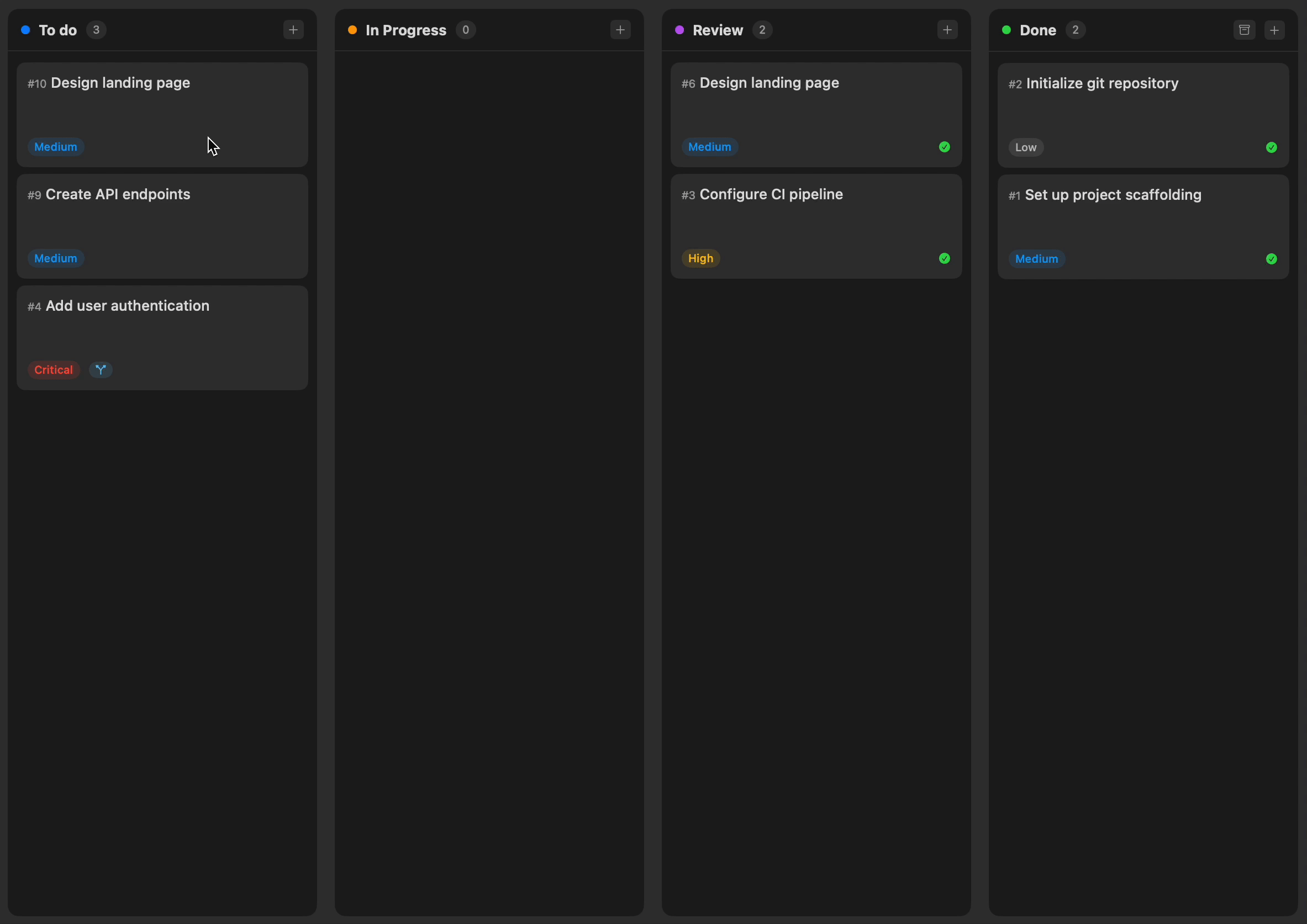 Maestro app demo showing a kanban board with AI agents working on tasks